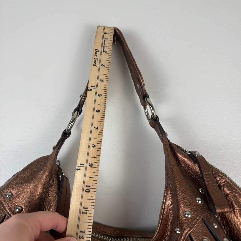 B. Makowsky Hobo Bag Women Metallic Bronze Leather Studded Fringe Shoulder Strap - Picture 14 of 16